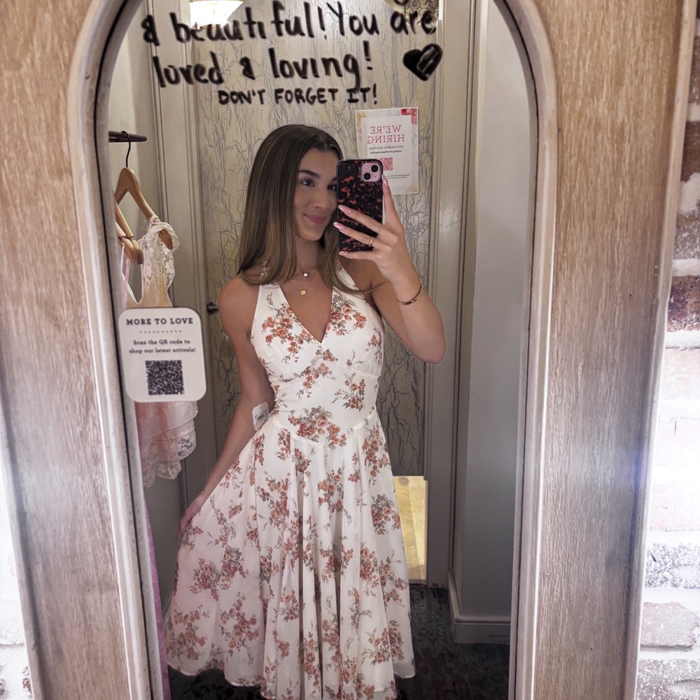 Altar'd State White and Pink Floral Midi Dress